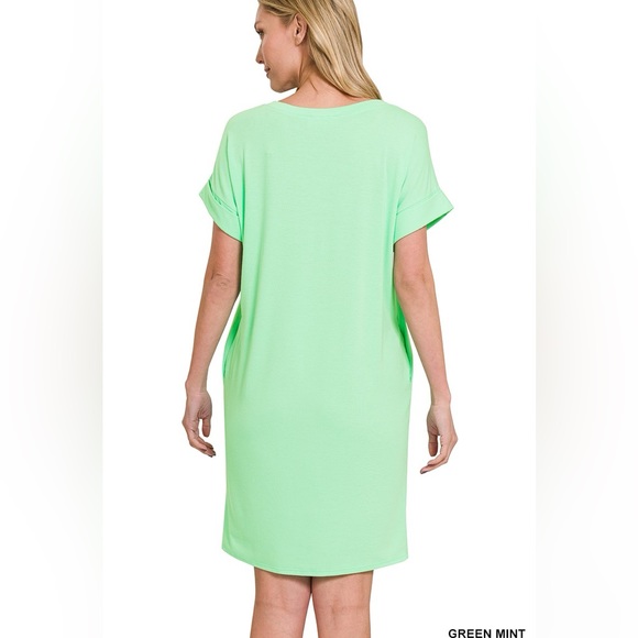 Zenana Sand Beige Short Cuffed Sleeves and Functional Pockets Tee Shirt Dress - Picture 4 of 5